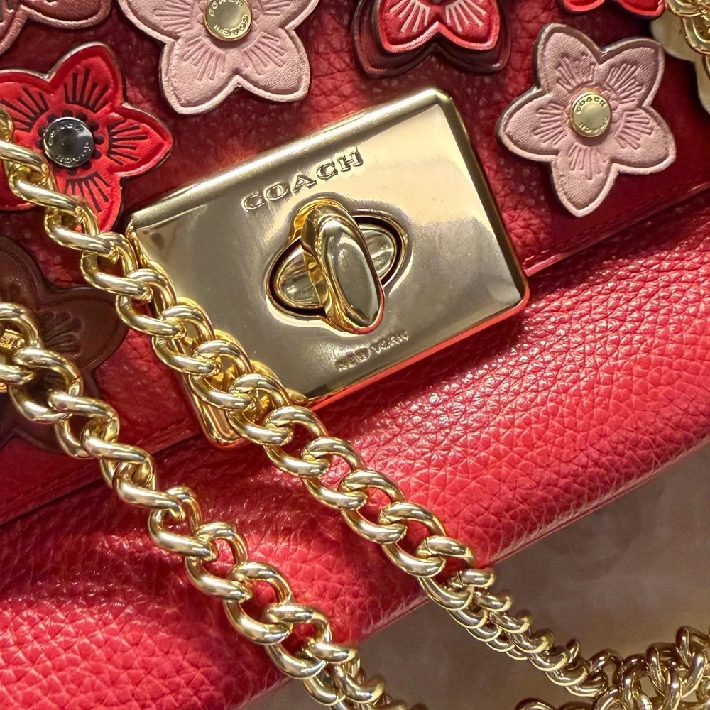 Coach Red Floral Appliqué Shoulder Bag with Gold Chain and Green Turn-Lock